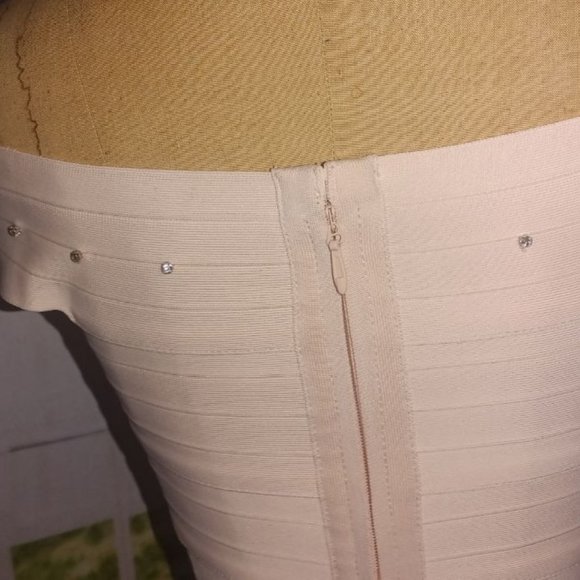 Off Shoulder Light Peach & Rhinestone Bodycon Dress - Picture 4 of 6